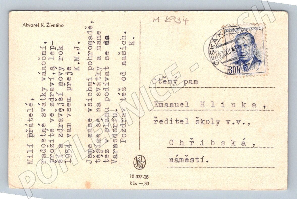 Postcard K Živný winter watercolor 1954 (M2934)
