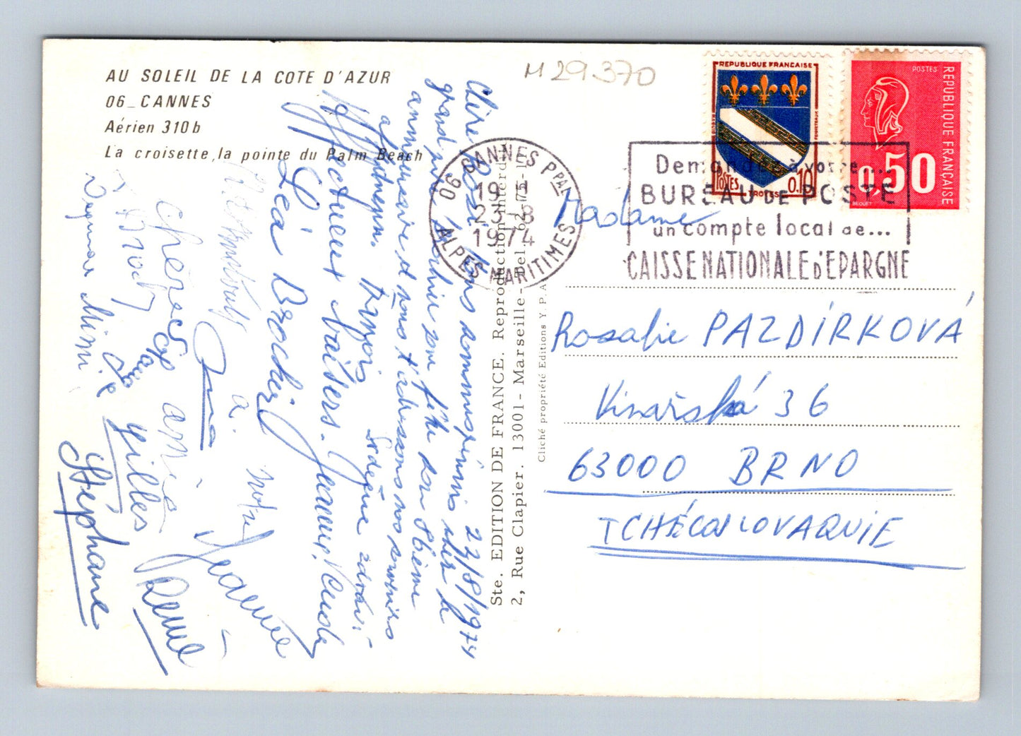 Pohlednice Francie Cannes pláž a promenáda 1974 (M29370)
