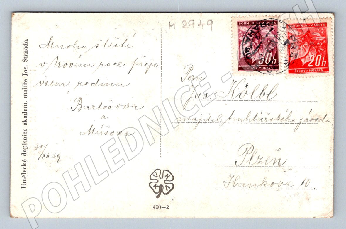 Postcard traditional costumes Bohemia Moravia 1939 (M2949)