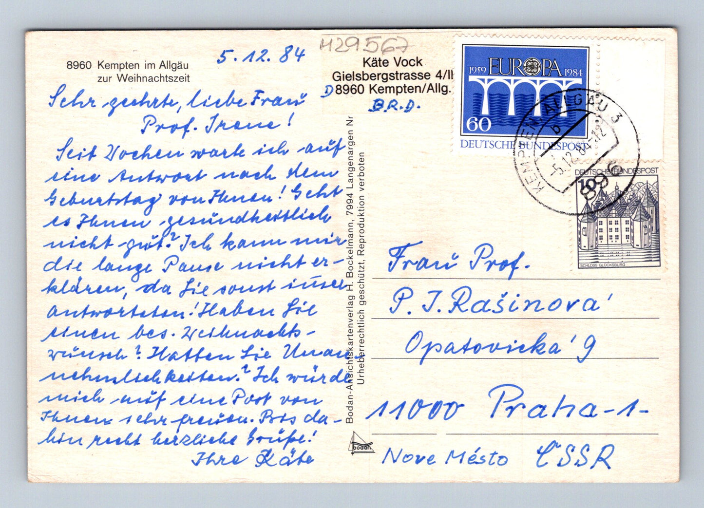Pohlednice Německo Kempten im Allgäu v zimě 1984 (M29567)