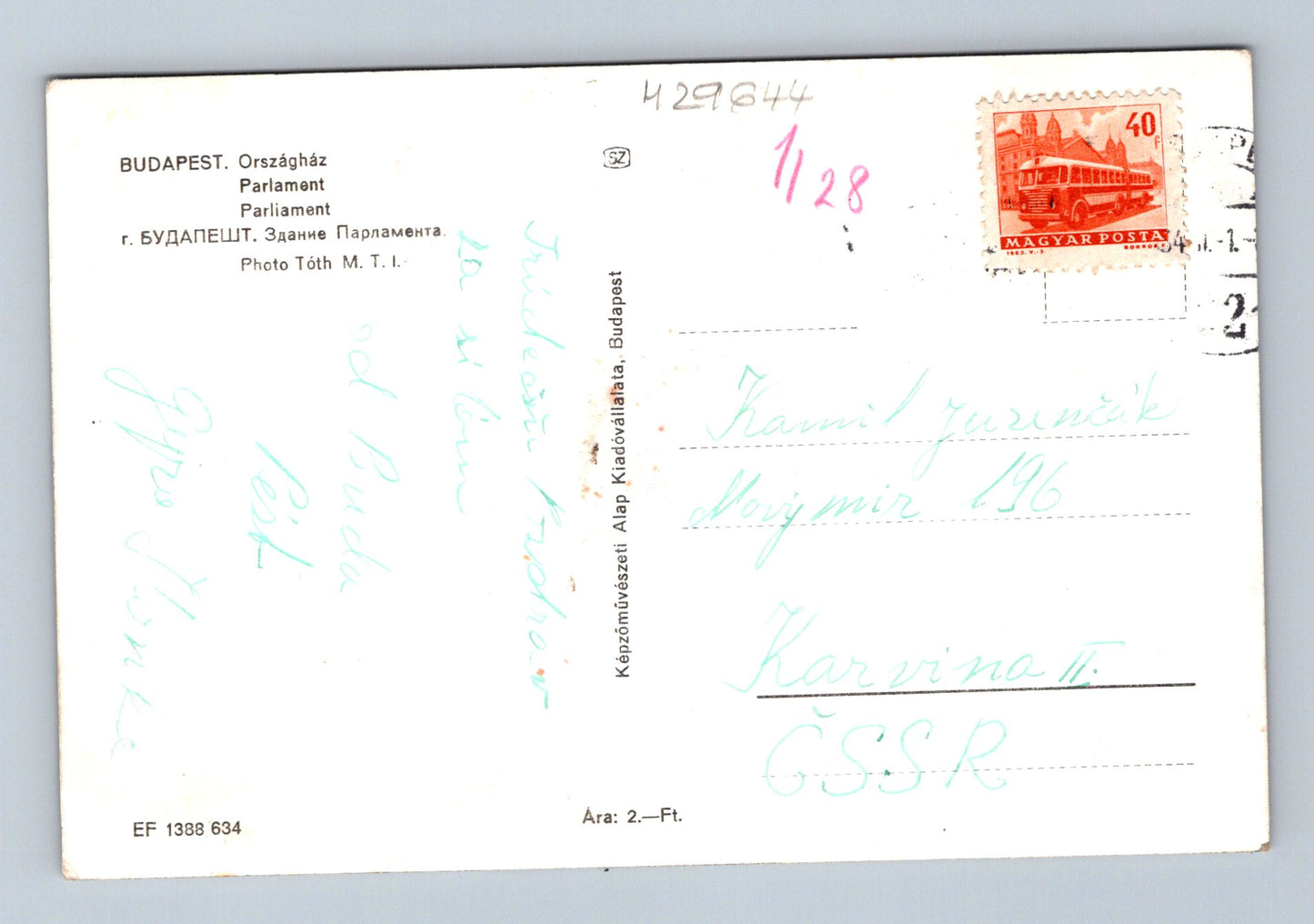 Pohlednice Maďarsko Budapešť Parlament Dunaj 1950s (M29644)