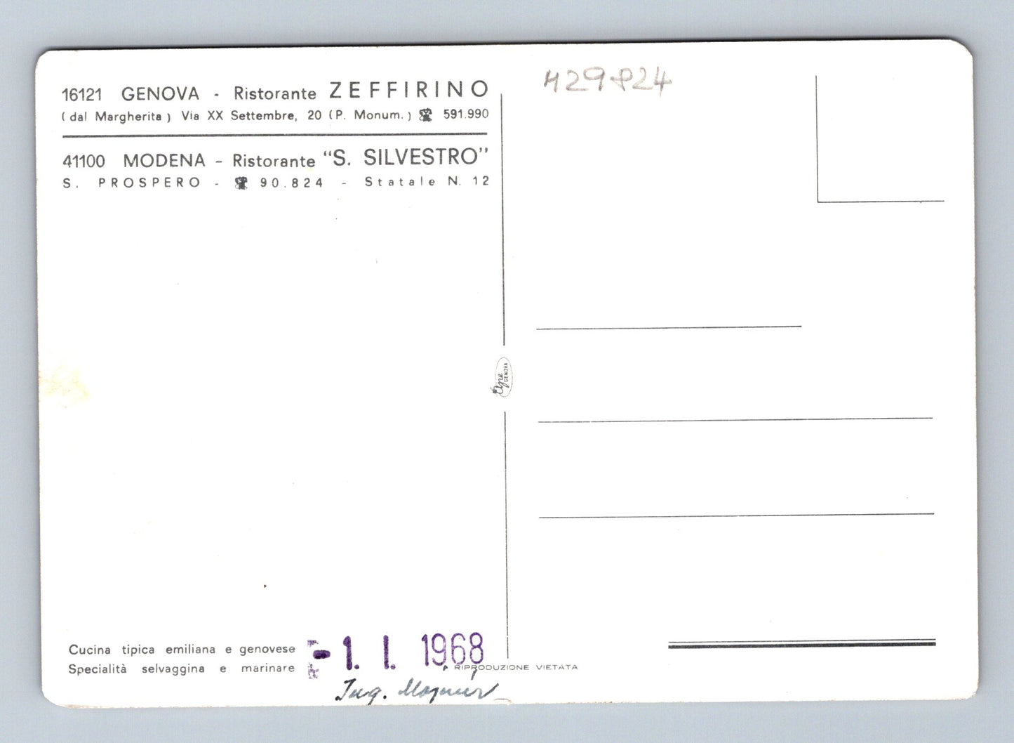Pohlednice Itálie interiér restaurace a zvěřina 1968 (M29824)