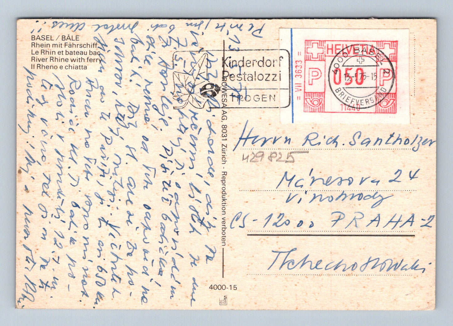Pohlednice Švýcarsko Basel řeka Rýn s přívozem 1968 (M29825)