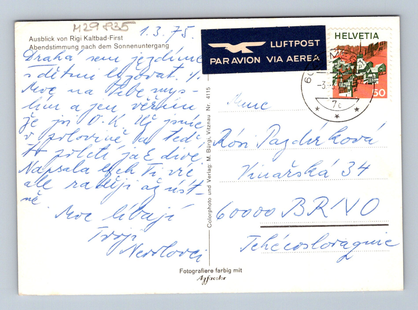Pohlednice Švýcarsko Rigi Kaltbad-First západ slunce 1975 (M29835)