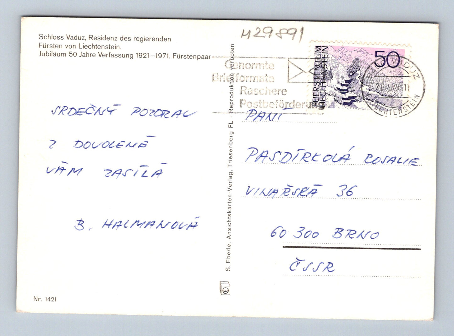 Pohlednice Lichtensteynsko Vaduz hrad zámek 1971 (M29891)