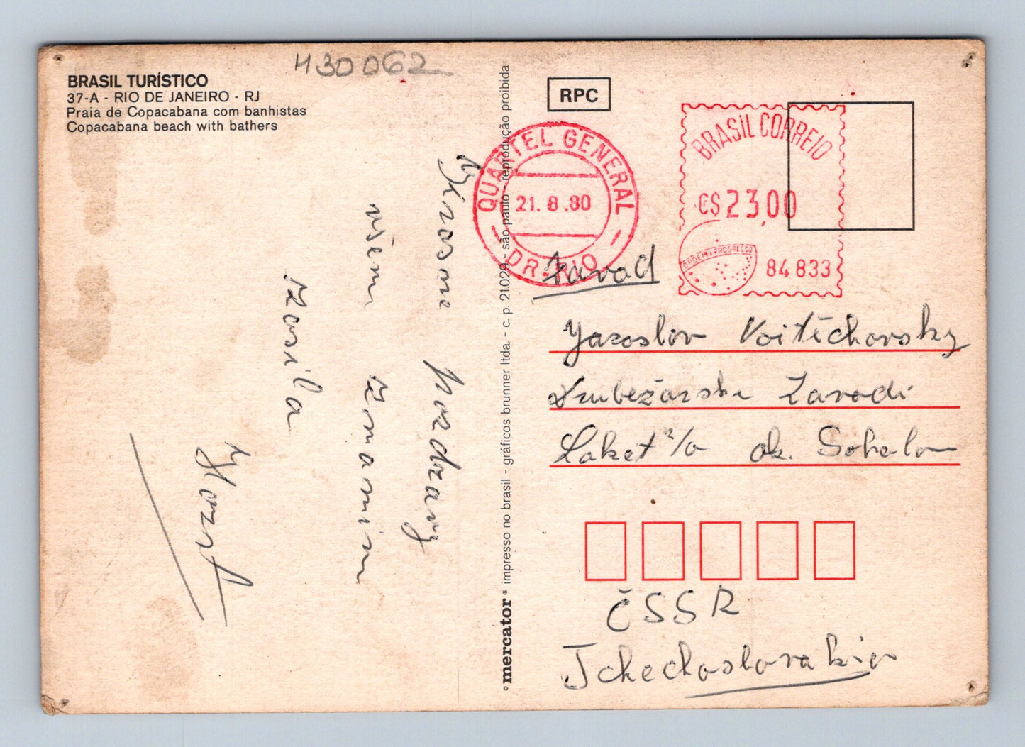 Pohlednice Brazílie Rio de Janeiro Copacabana pláž 1980 (M30062)