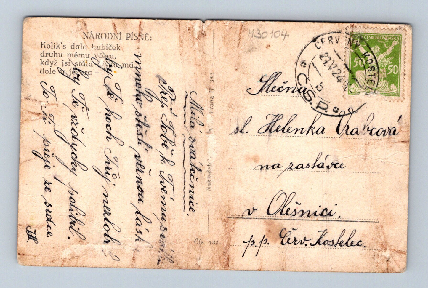 Pohlednice Červený Kostelec Olešnice lidové kroje 1924 (M30104)