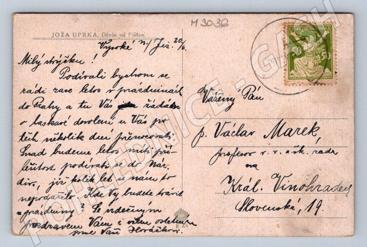 Postcard by Jož Uprko The Girl from Píšťany 1920 (M3036)