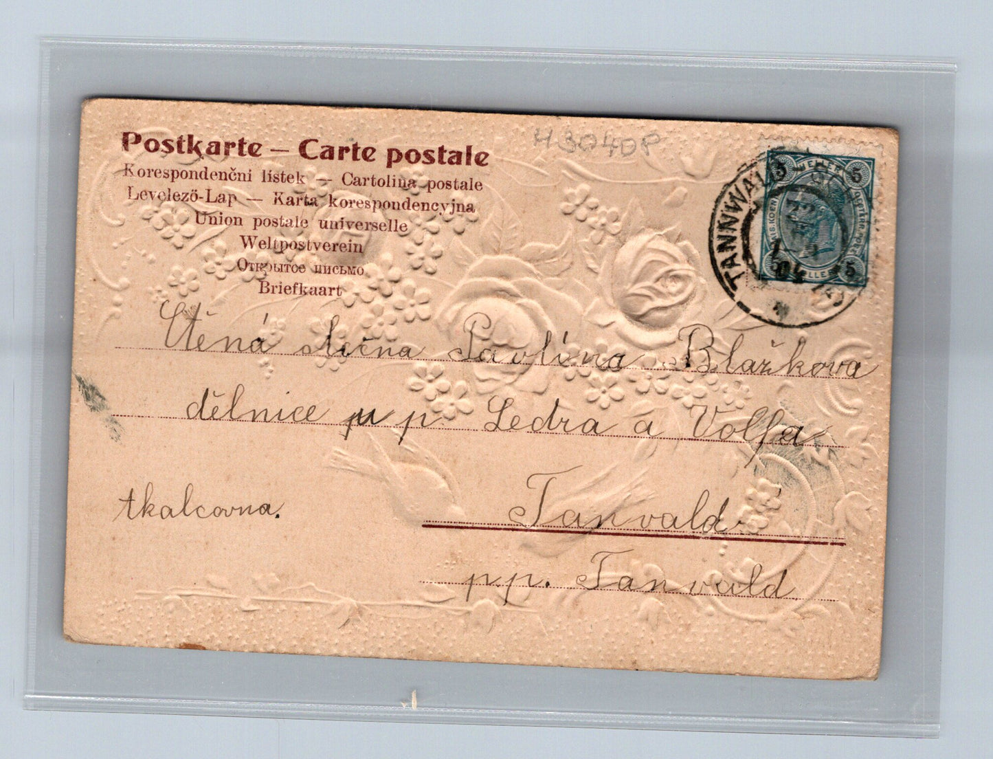 Pohlednice Tanvald květiny a holoubci blahopřání 1904 (M30408)