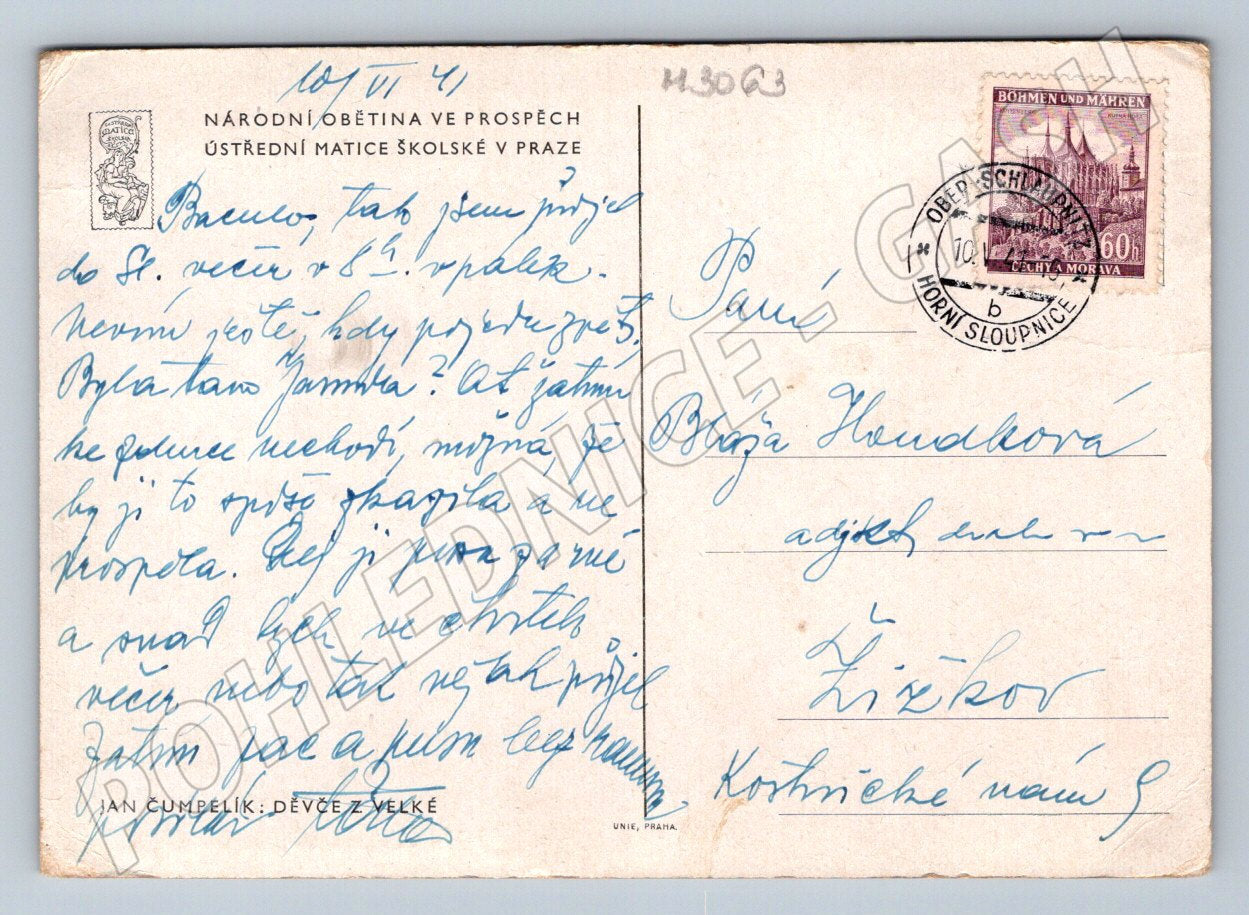 Postcard Jan Čumpelík Girl from Velka 1941 (M3063)