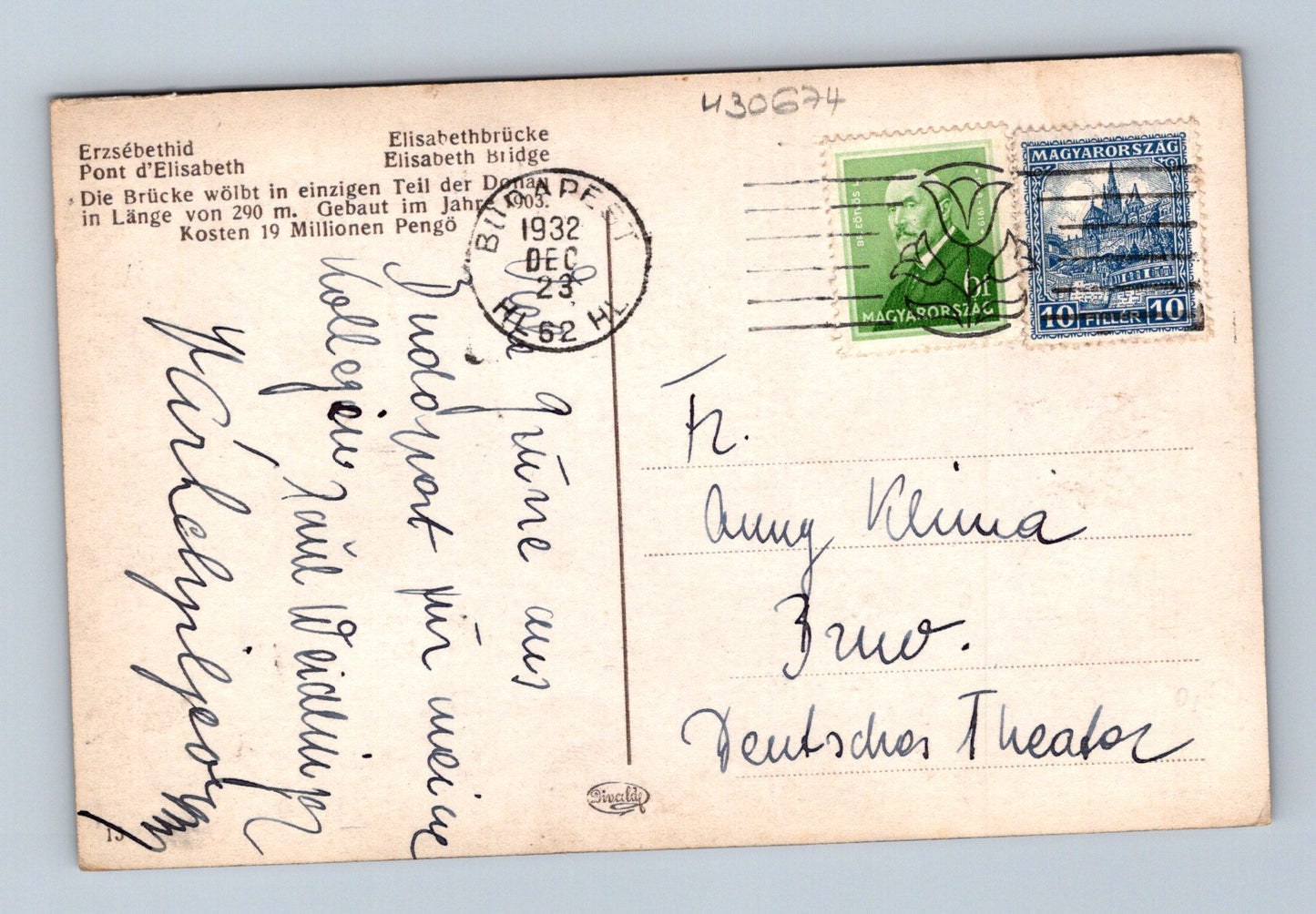 Pohlednice Maďarsko Budapešť Alžbětin most 1932 (M30674)