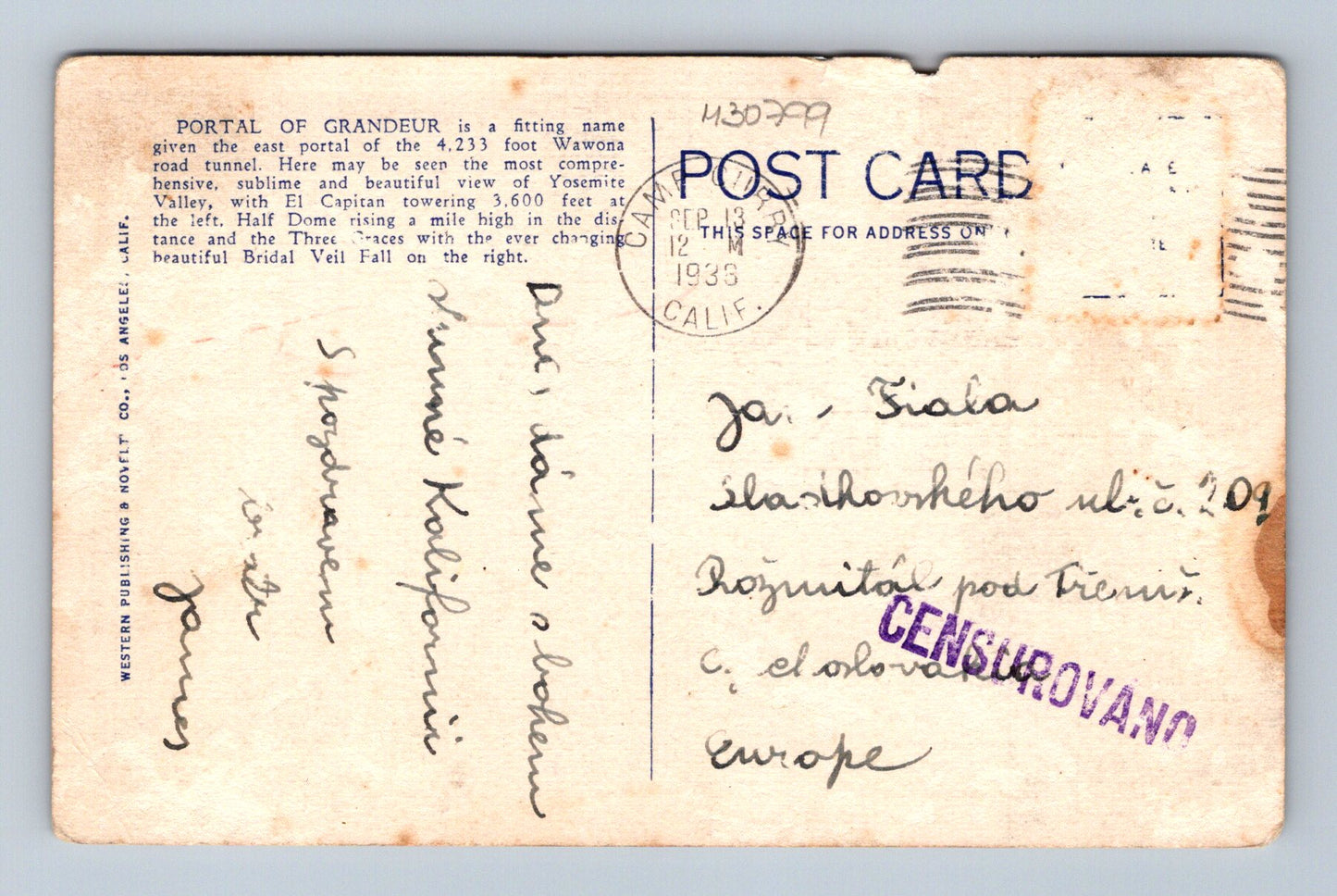 Pohlednice USA Yosemite National Park Portal of Grandeur 1939 (M30799)