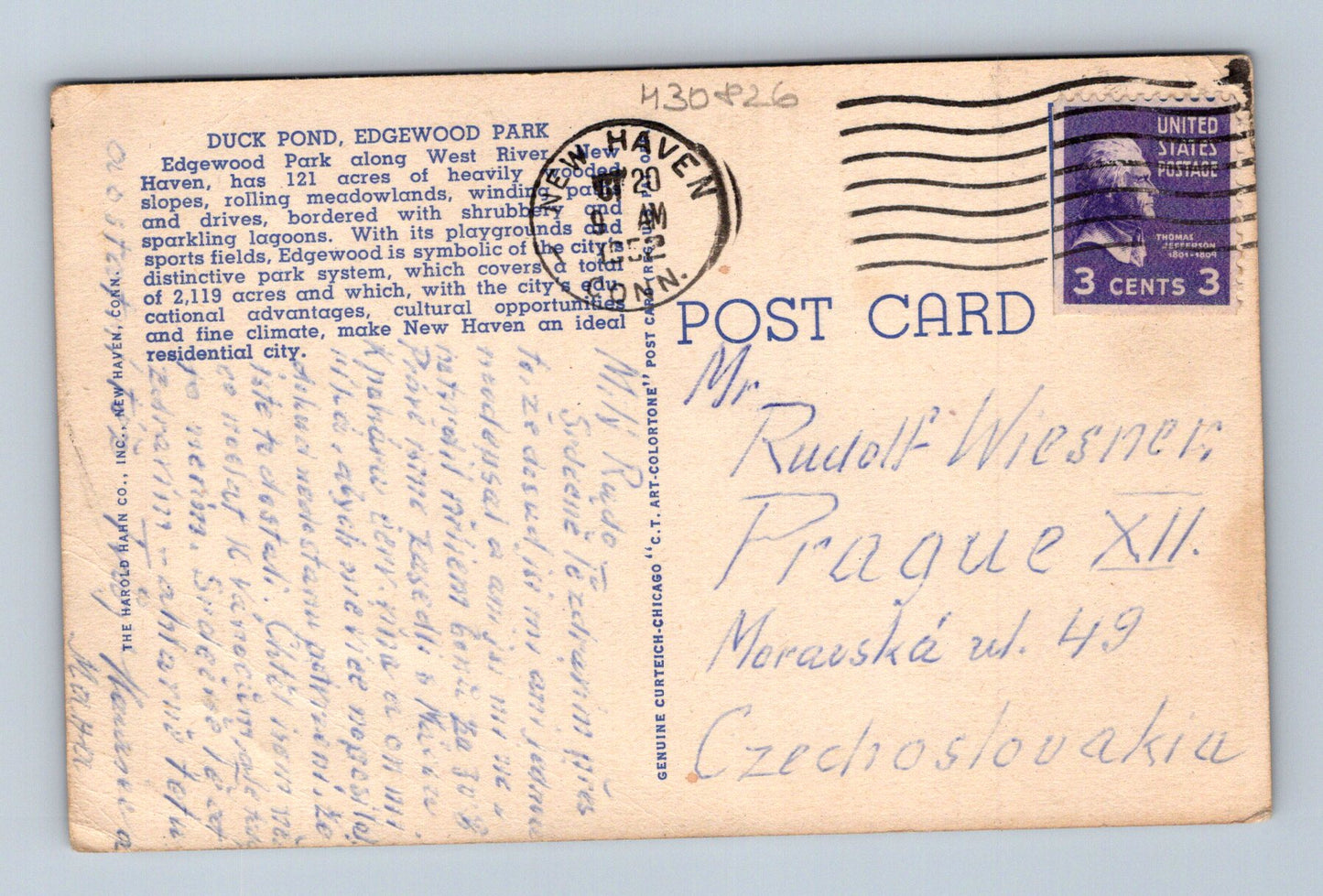 Pohlednice USA New Haven Edgewood Park kachní rybník 1947 (M30826)