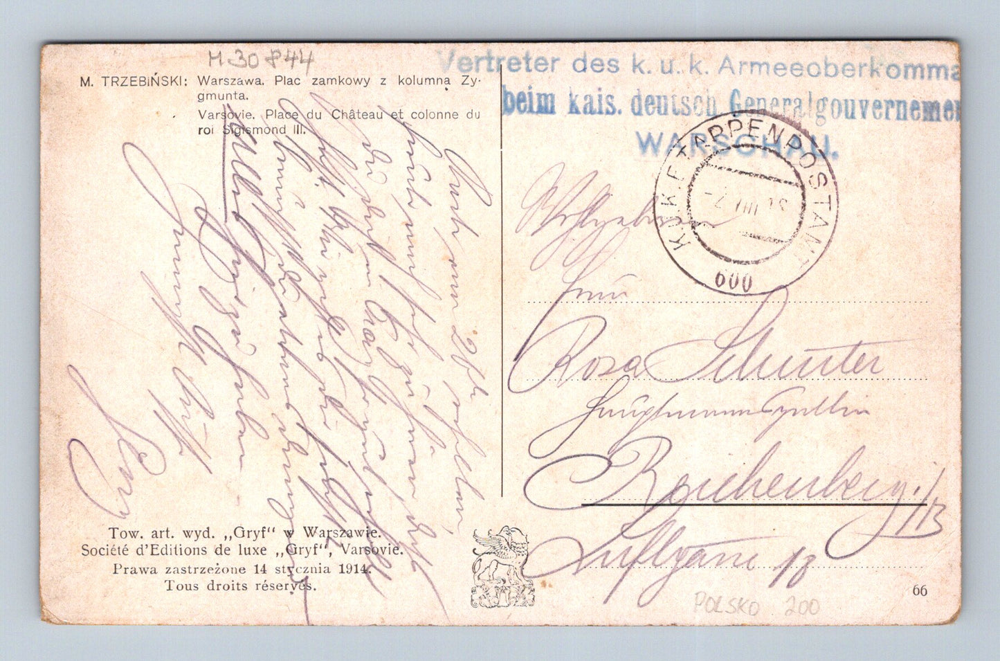 Polsko Varšava Hradní náměstí a Zikmundův sloup 1914 (M30844)