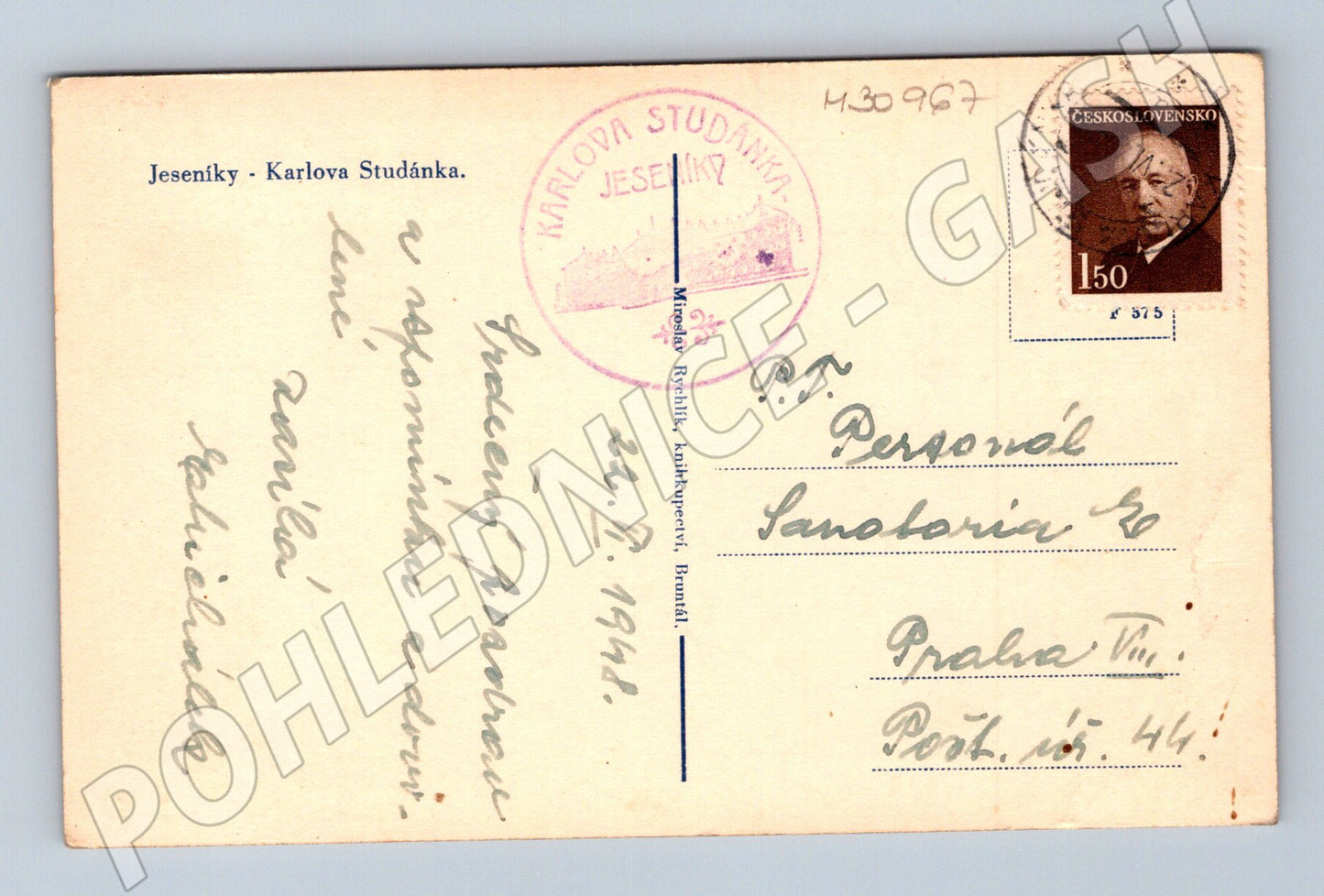 Pohlednice Jeseníky Karlova Studánka 1948 (M30967)