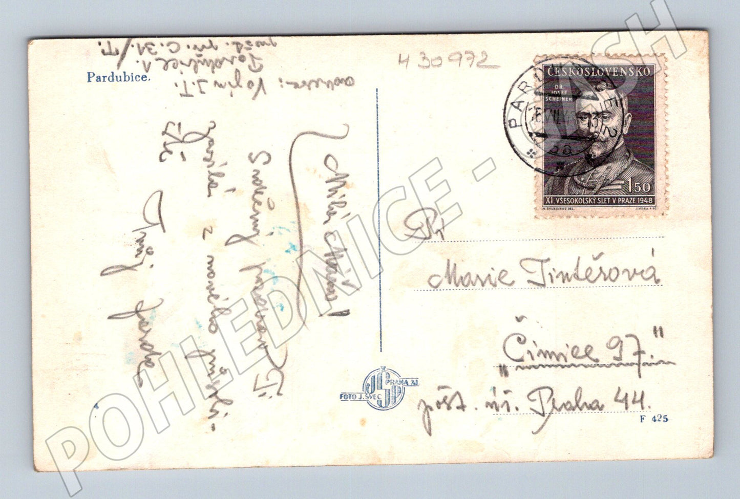 Pohlednice Pardubice městský ruch 1948 (M30972)