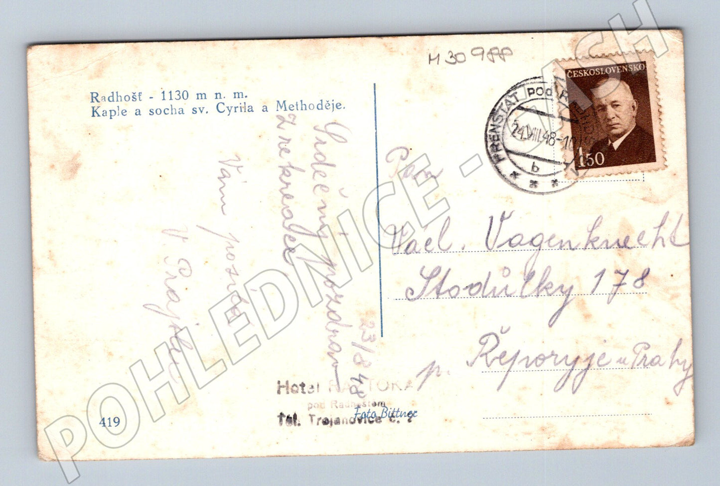 Pohlednice Radhošť Kaple a socha Cyrila a Metoděje 1948 (M30988)