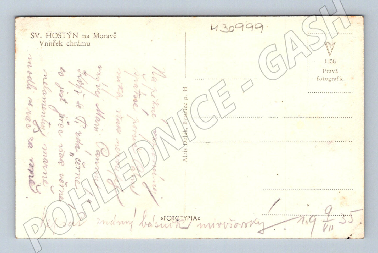Pohlednice Hostýn vnitřek chrámu 1933 (M30999)