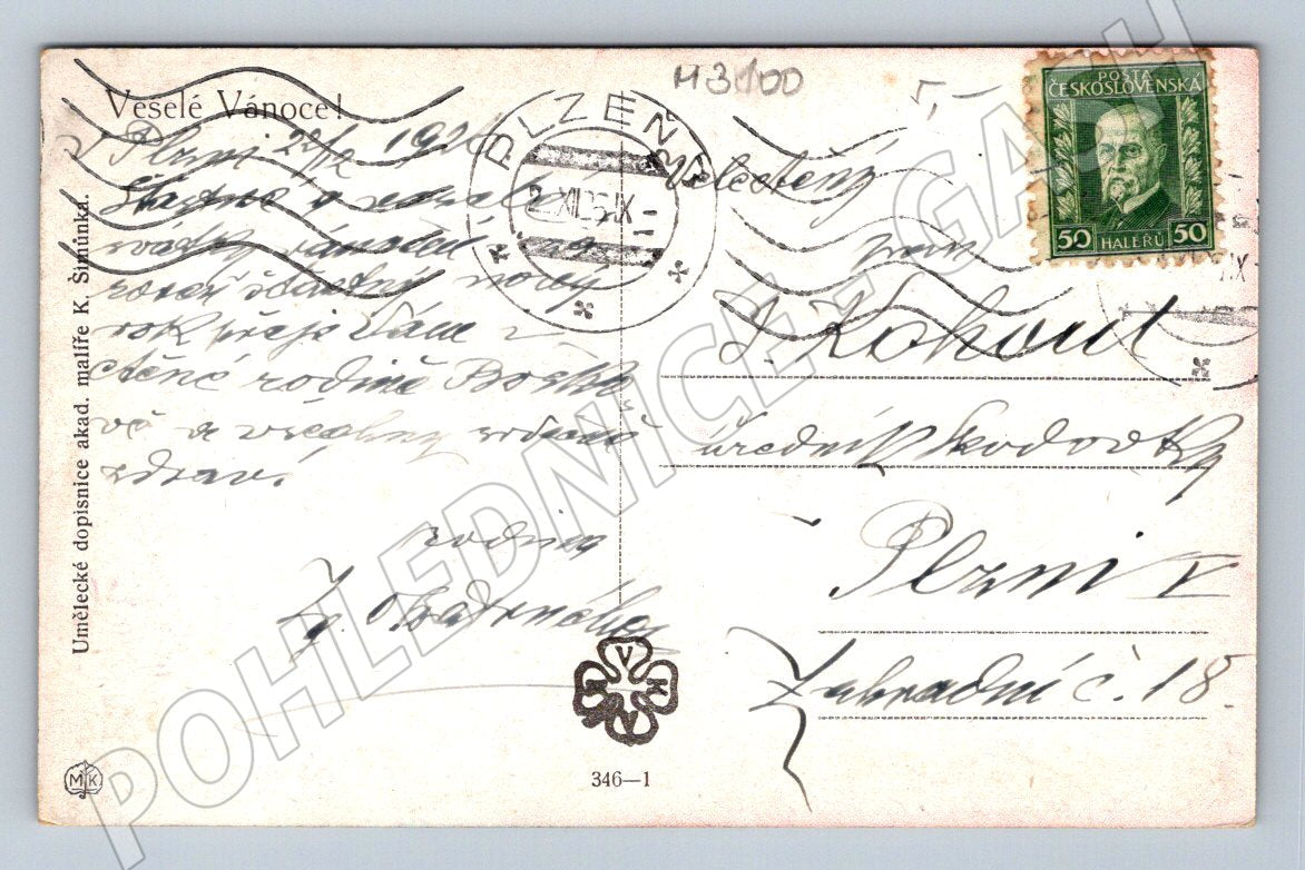 Postcard Christmas greetings folk costumes Karel Šimůnek 1920 (M3100)