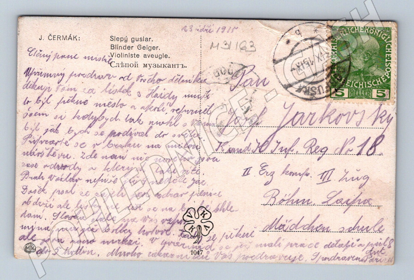 Pohlednice J. Čermák Slepý guslar 1915 (M31163)