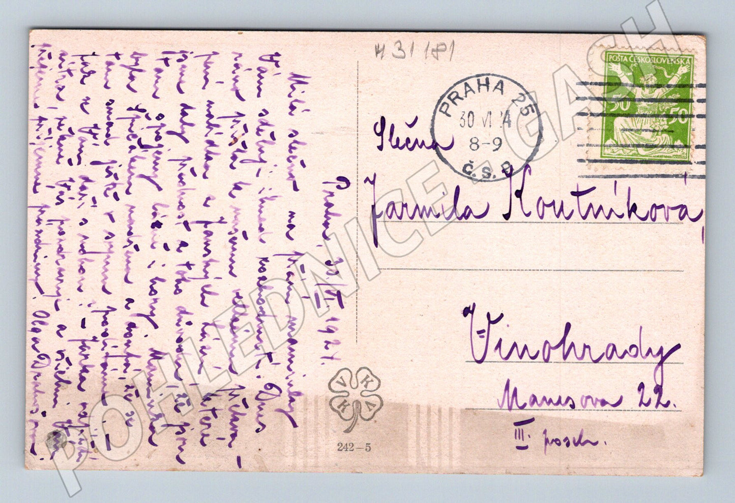 Pohlednice Praha A. L. Kalvoda Nad močálem 1927 (M31181)