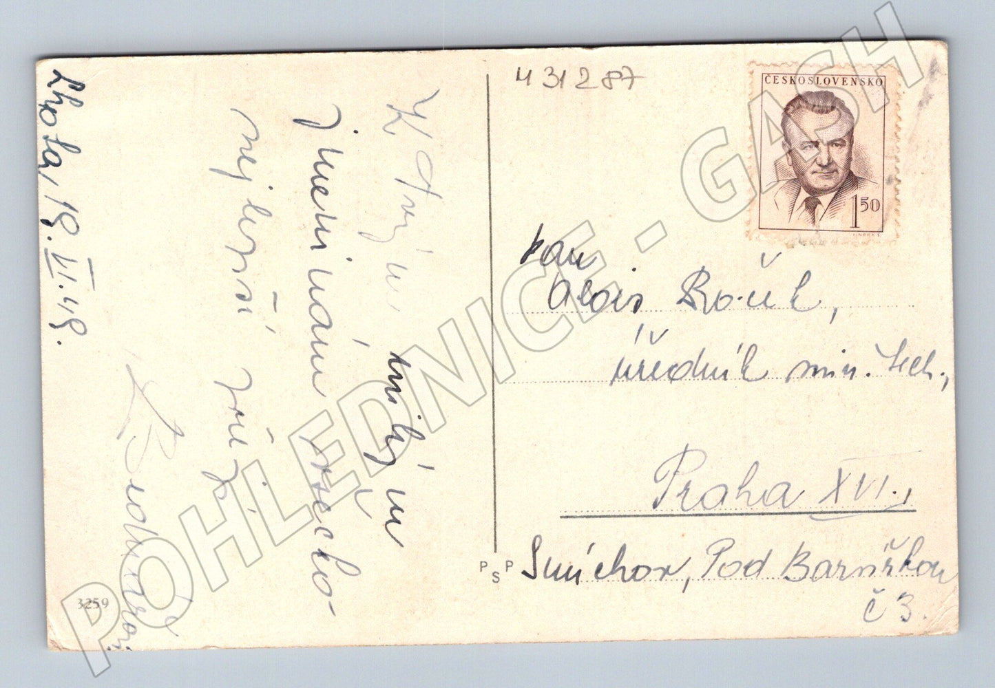Pohlednice kytice pomněnek blahopřání 1948 (M31287)