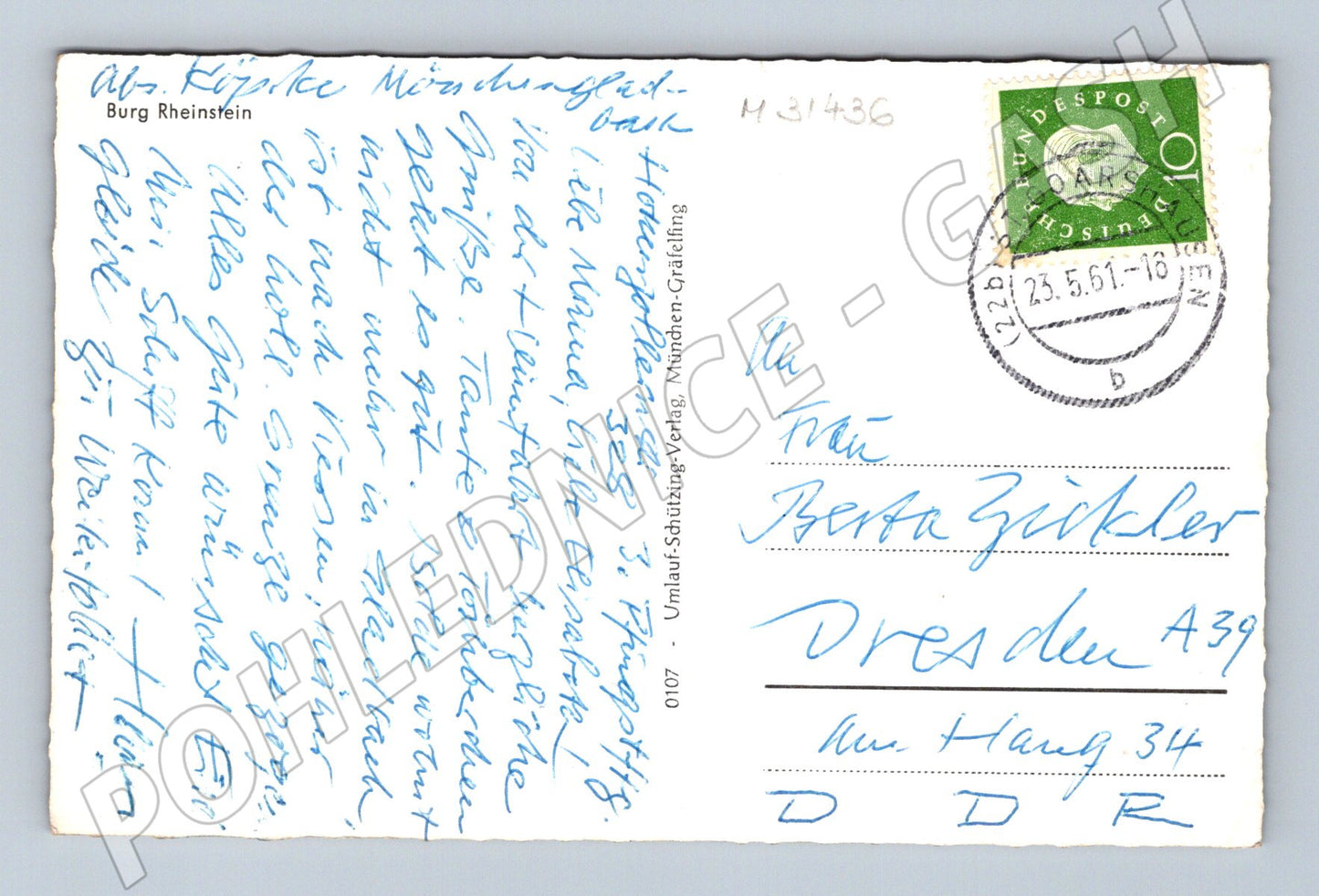 Pohlednice Německo Burg Rheinstein Rýn 1961 (M31436)