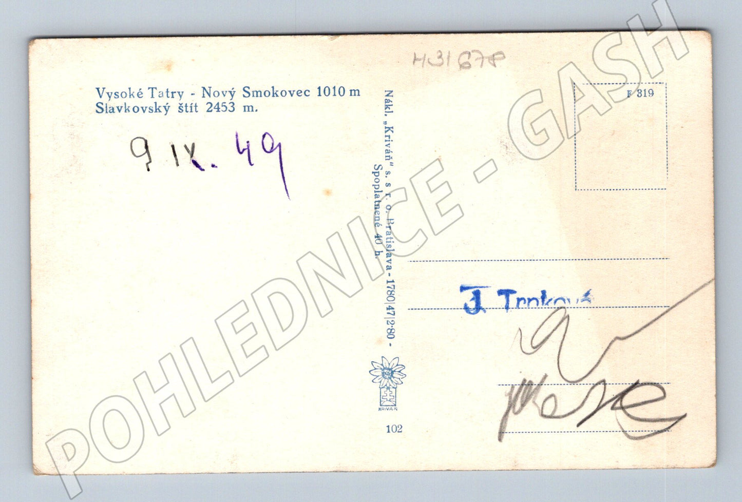 Pohlednice Slovensko Vysoké Tatry Nový Smokovec 1949 (M31678)