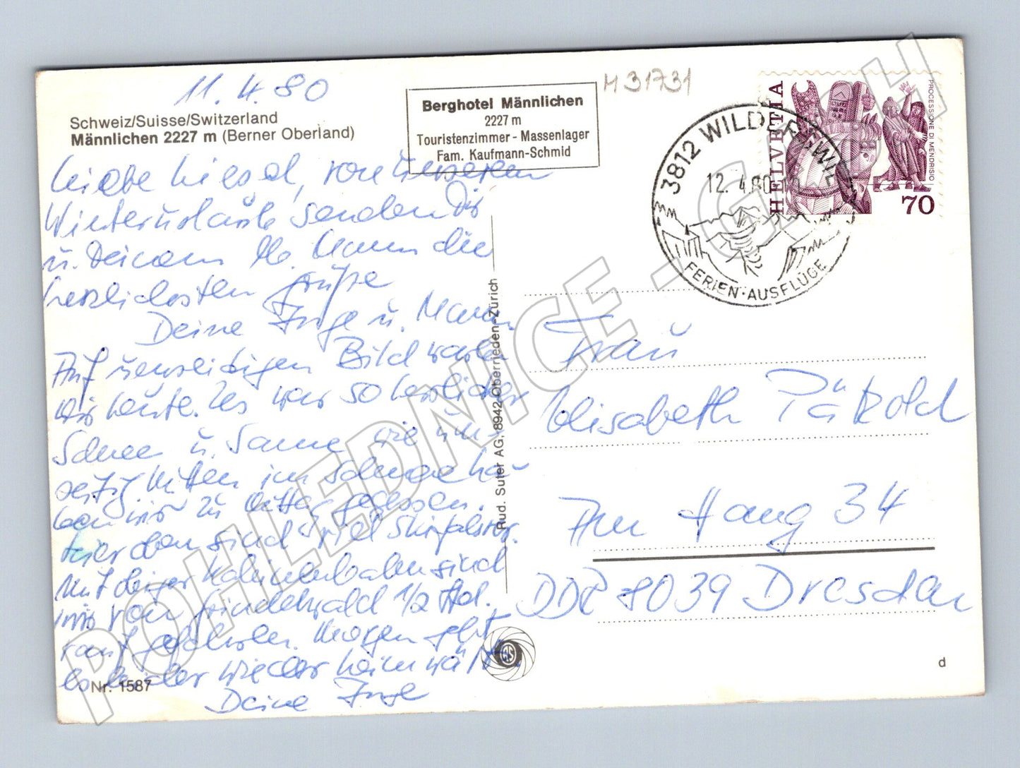 Pohlednice Švýcarsko Männlichen lyžování lanovka 1980 (M31731)