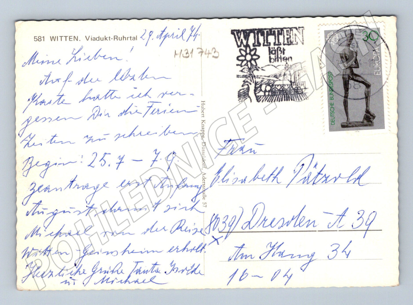 Pohlednice Německo Witten Viadukt Ruhrtal 1974 (M31743)