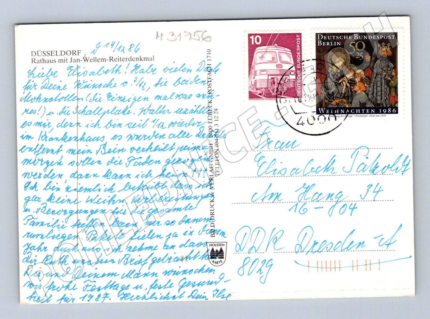 Pohlednice Německo Düsseldorf Vánoce 1986 (M31756)