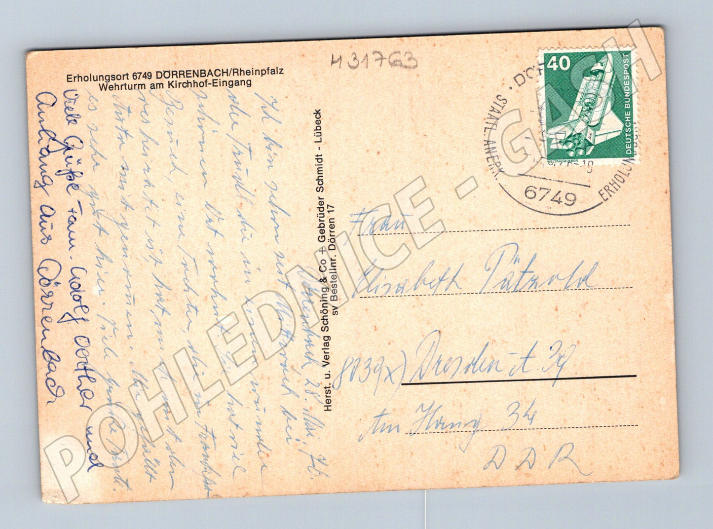 Pohlednice Německo Dörrenbach ulice s věží 1980s (M31763)