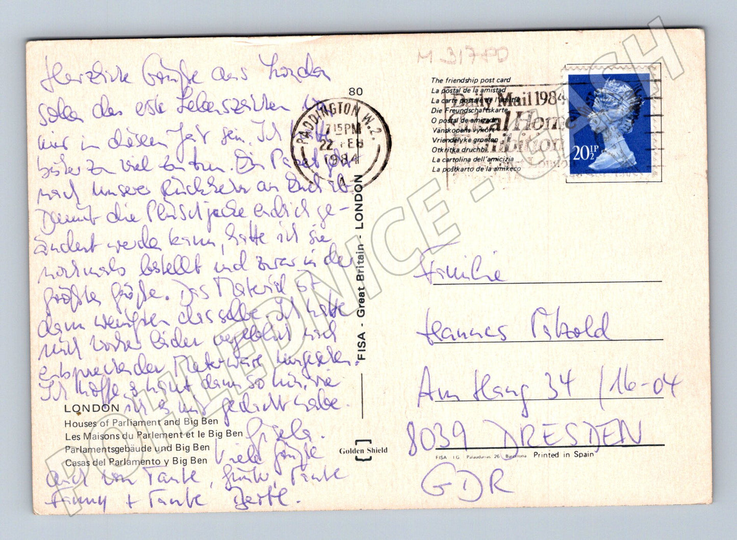 Pohlednice Velká Británie Londýn Big Ben noční 1984 (M31780)