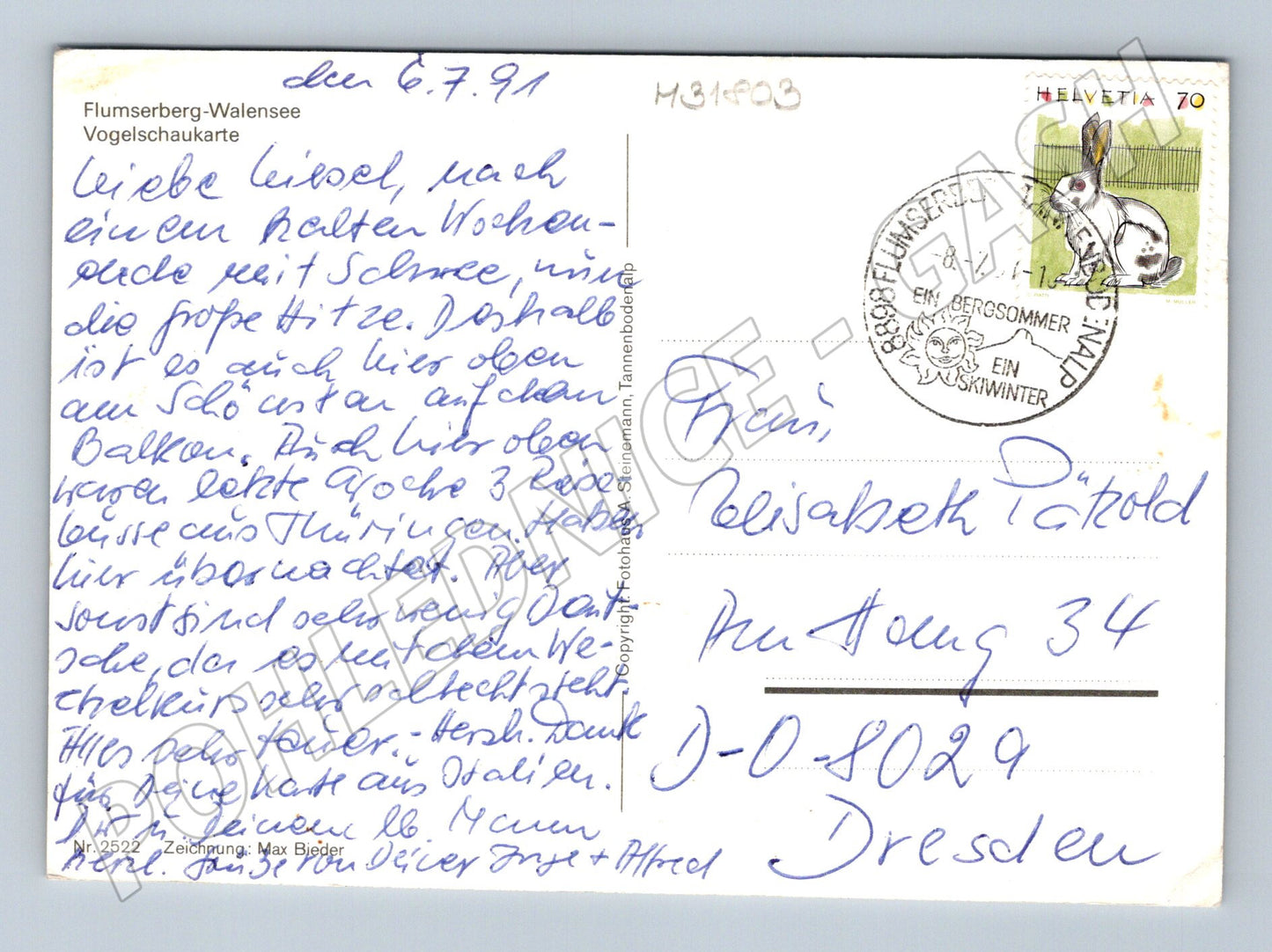 Pohlednice Švýcarsko Flumserberg Walensee mapa 1991 (M31803)
