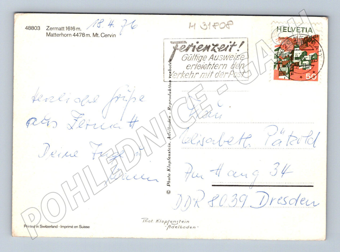 Pohlednice Švýcarsko Zermatt Matterhorn 1976 (M31808)