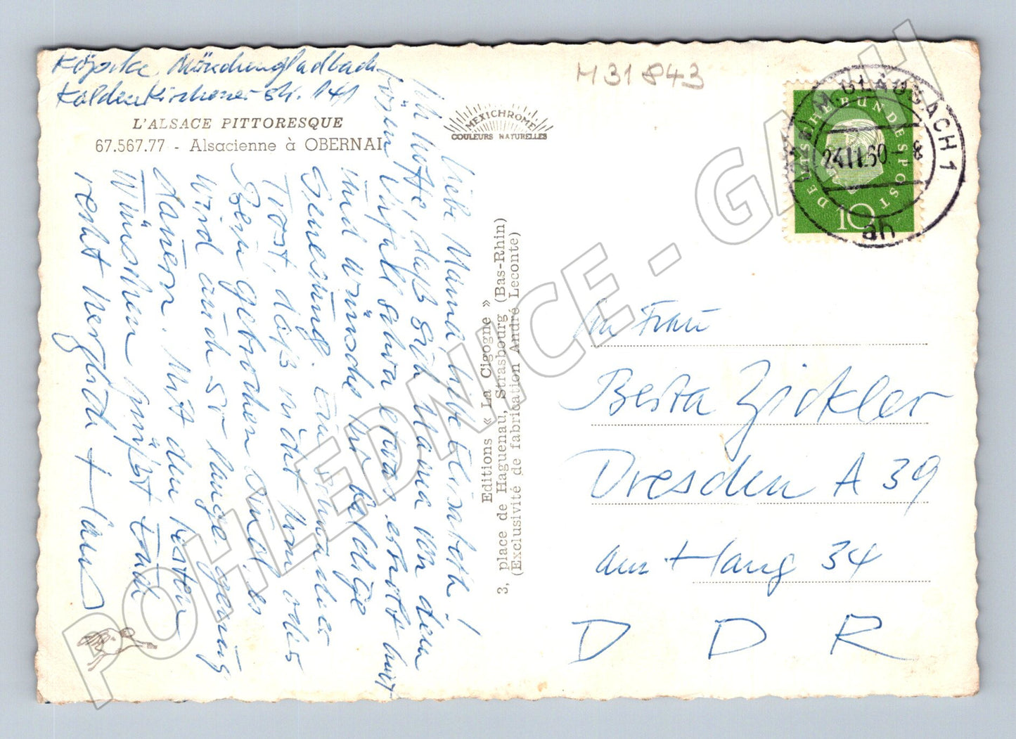 Pohlednice Francie Obernai kašna tradiční kroj 1959 (M31843)