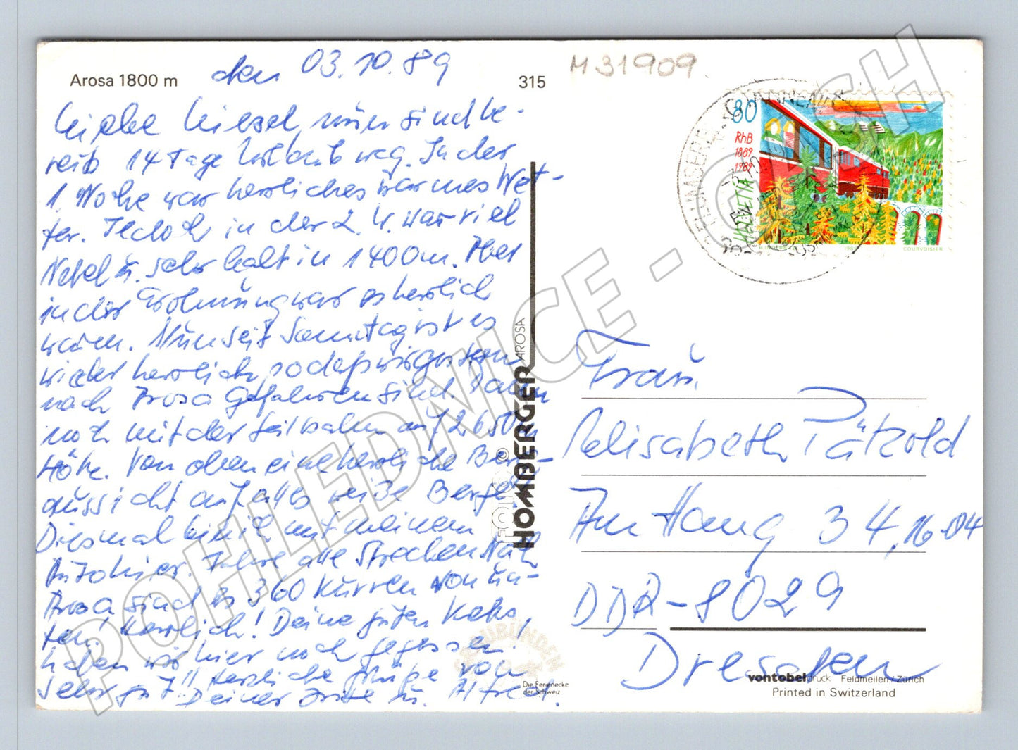 Pohlednice Švýcarsko Arosa jezero hory 1989 (M31909)