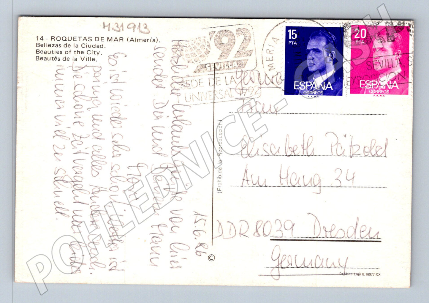 Pohlednice Španělsko Roquetas de Mar město a pláž 1992 (M31913)