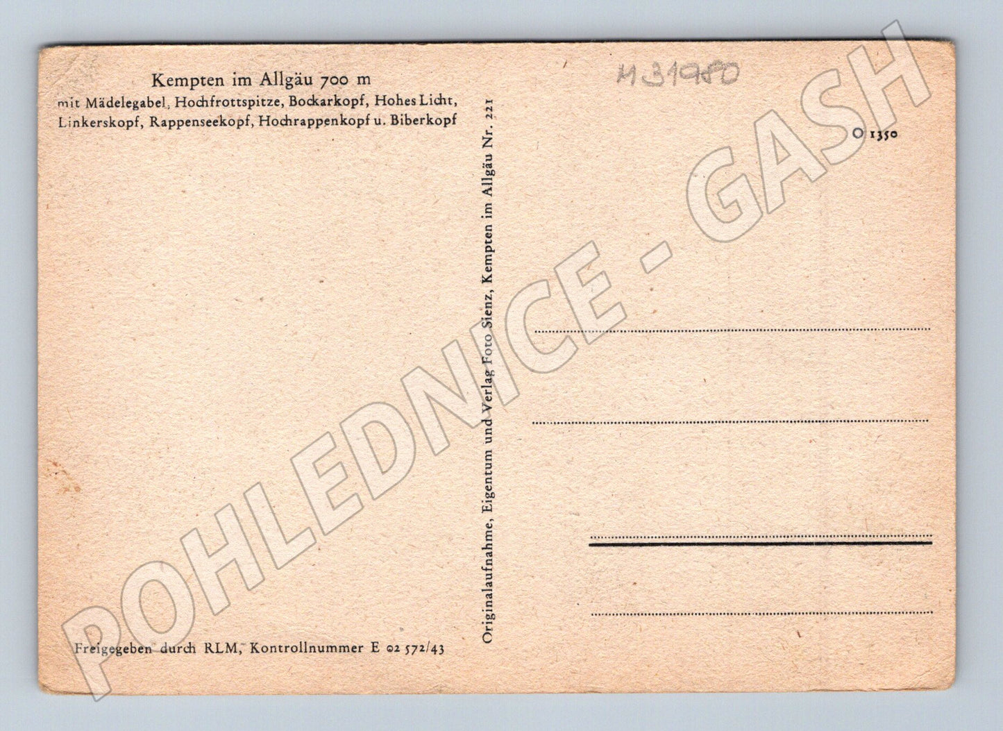 Pohlednice Německo Kempten im Allgäu město s horami 1943 (M31980)