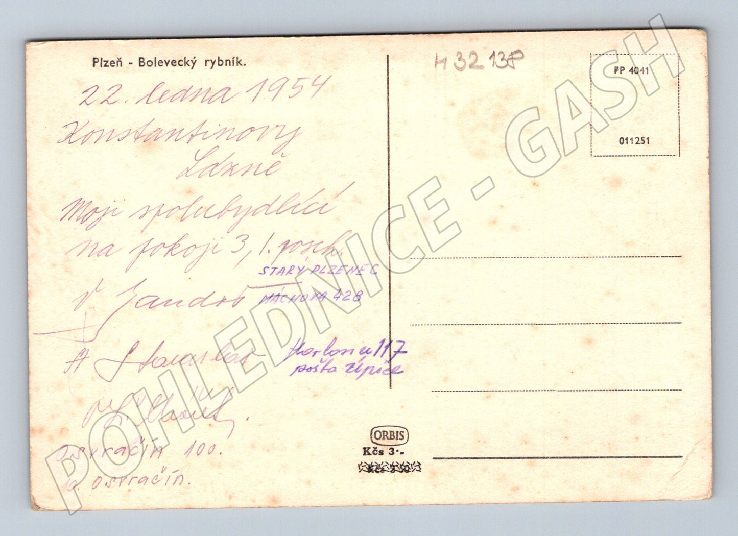 Pohlednice Plzeň Bolevecký rybník 1954 (M32138)