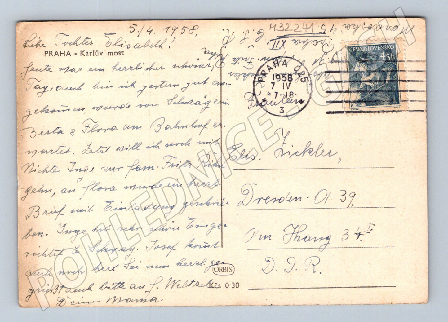 Pohlednice Praha Karlův most letecký pohled 1958 (M32241)