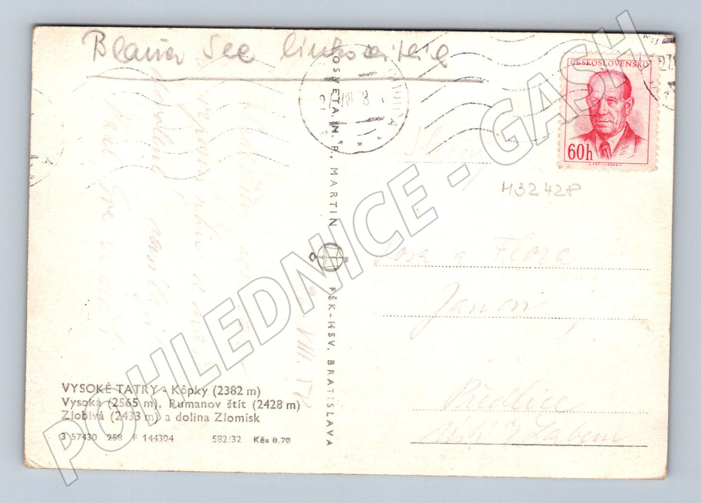 Pohlednice Slovensko Vysoké Tatry Kôpky 1953 (M32428)
