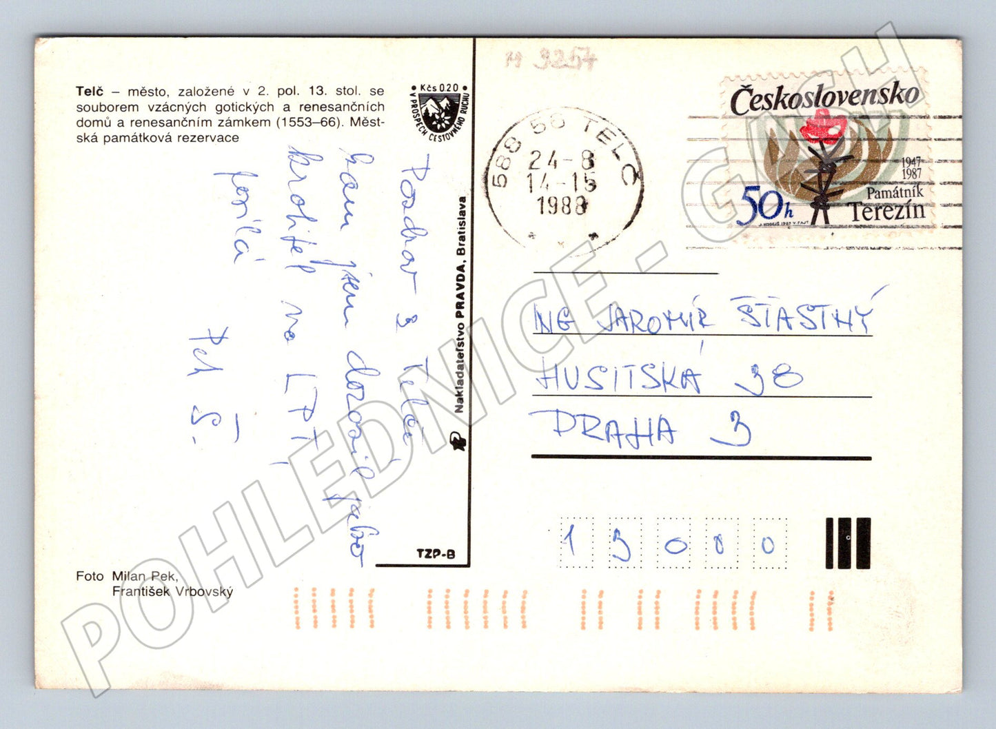 Pohlednice Telč zámek a náměstí 1988 (M3254)