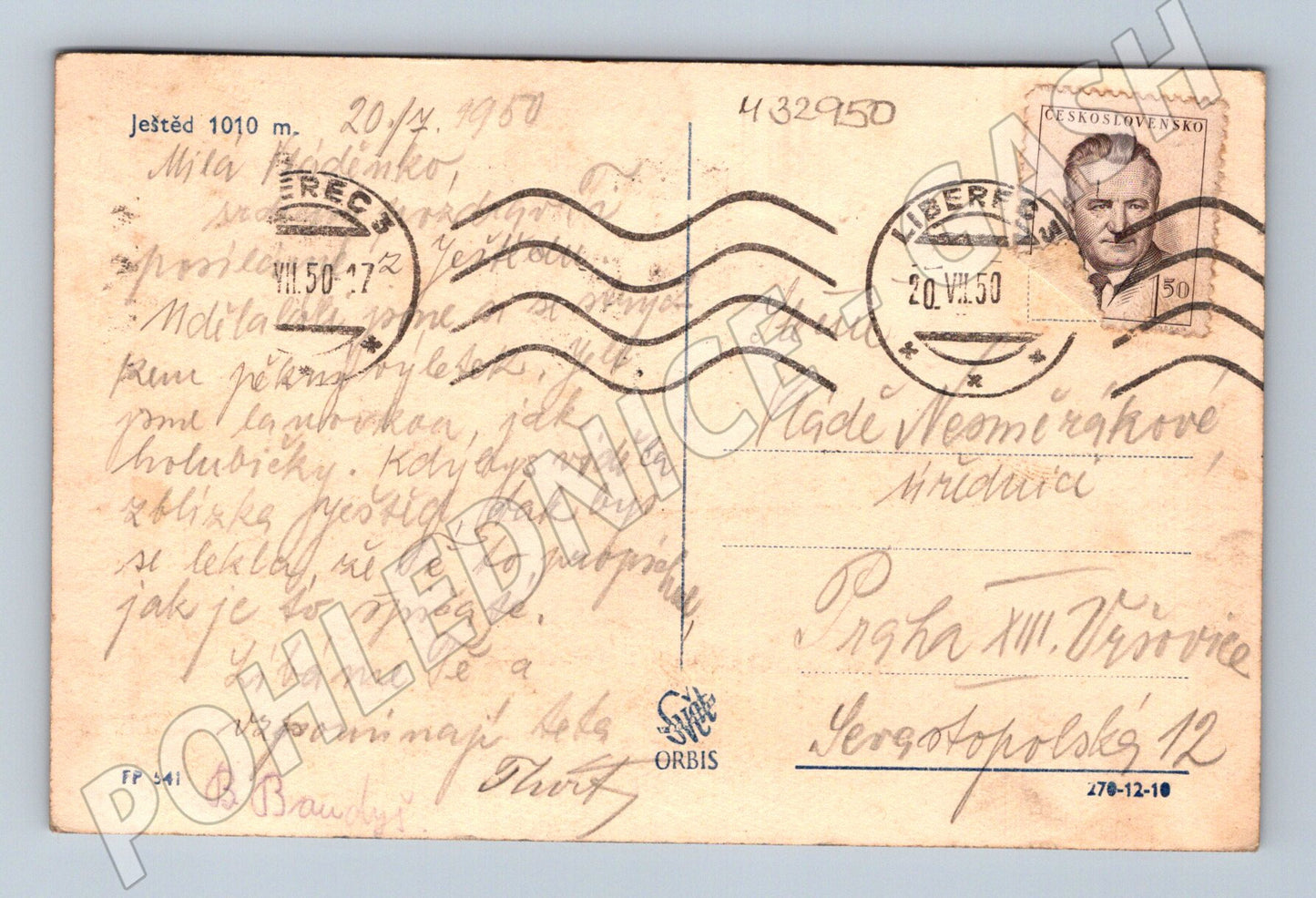 Pohlednice Ještěd s hotelem a vysílačem 1950 (M32950)