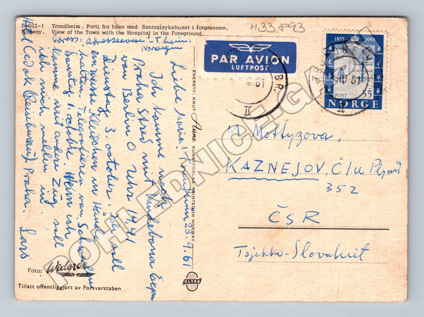 Pohlednice Norsko Trondheim letecký pohled 1961 (M33893)