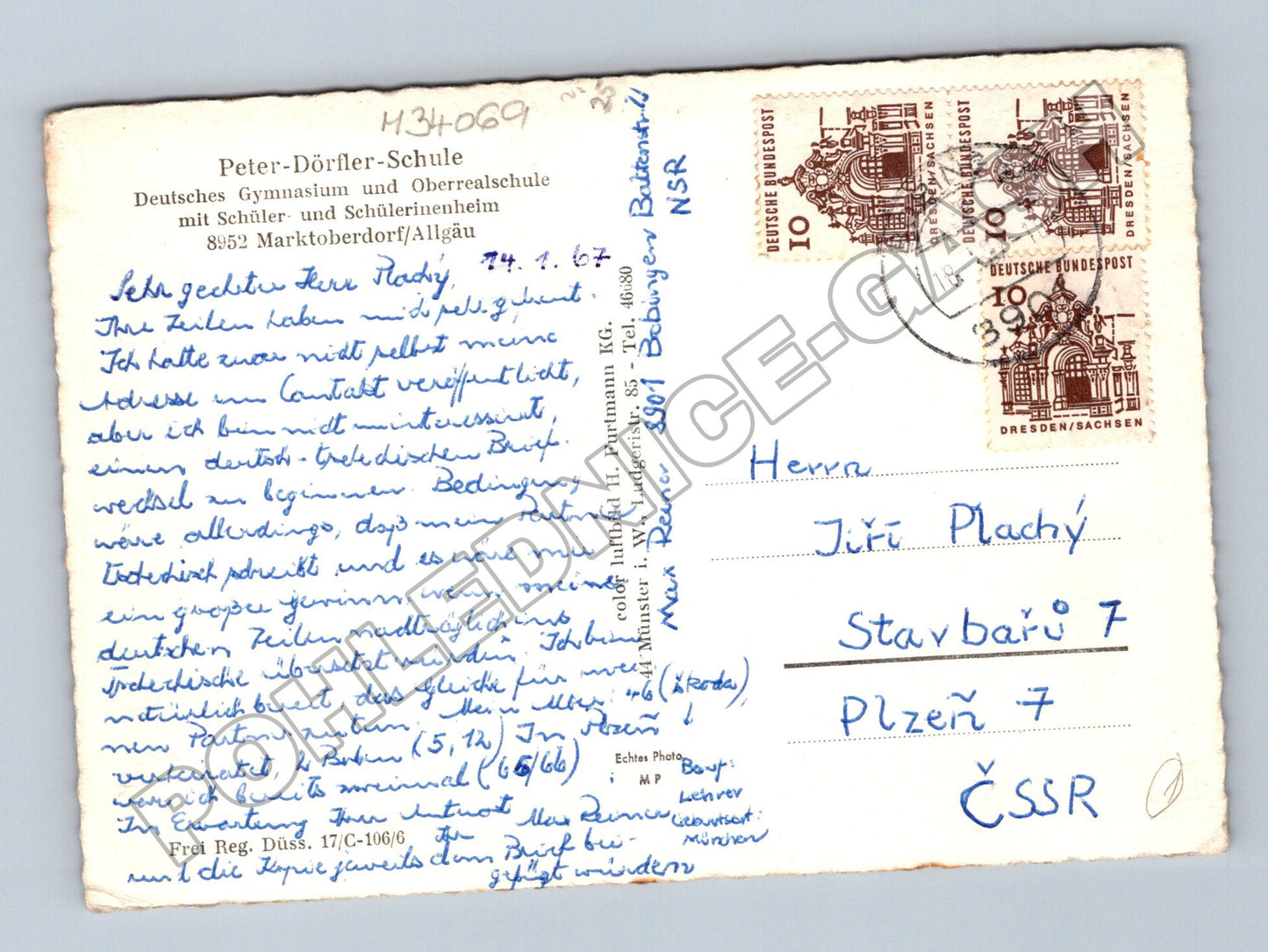 Pohlednice Německo Marktoberdorf škola letecký pohled 1967 (M34069)