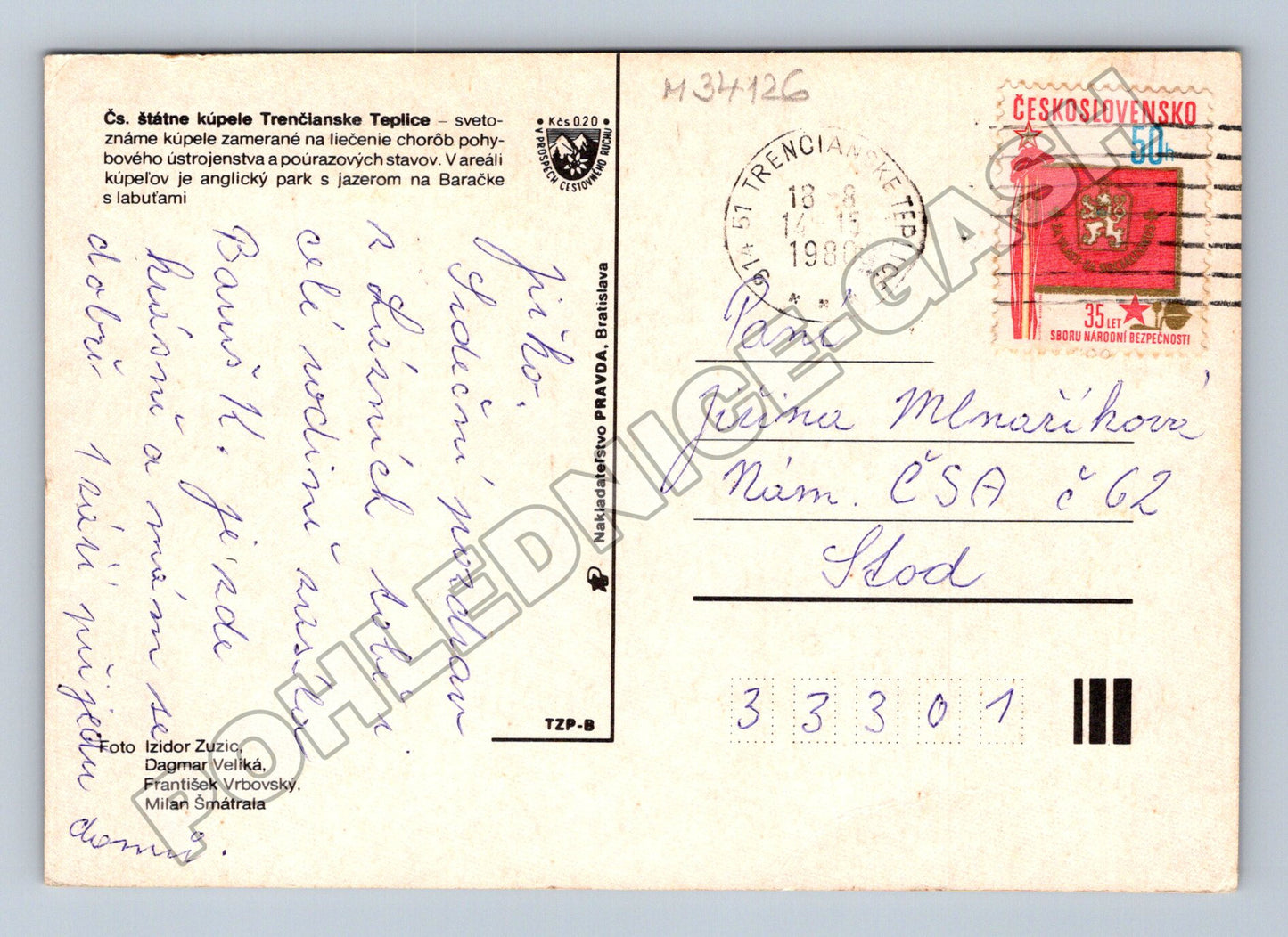 Pohlednice Slovensko Trenčianske Teplice lázně 1980 (M34126)