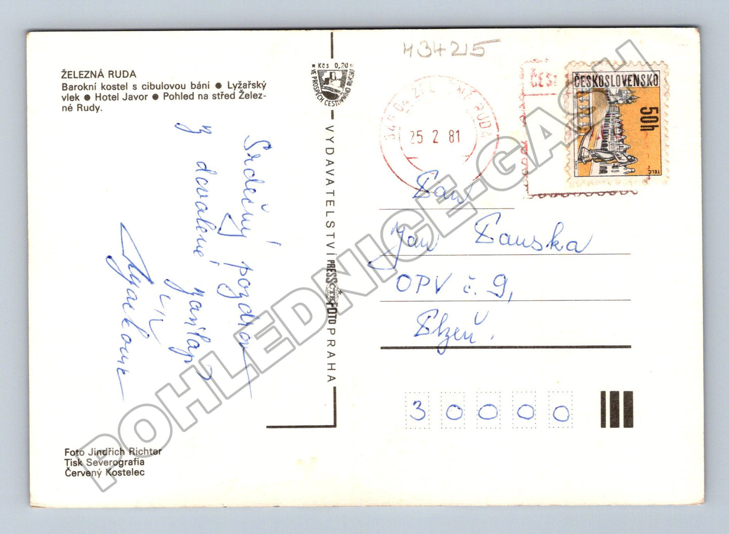 Pohlednice Železná Ruda kostel lyžařský vlek zima 1981 (M34215)