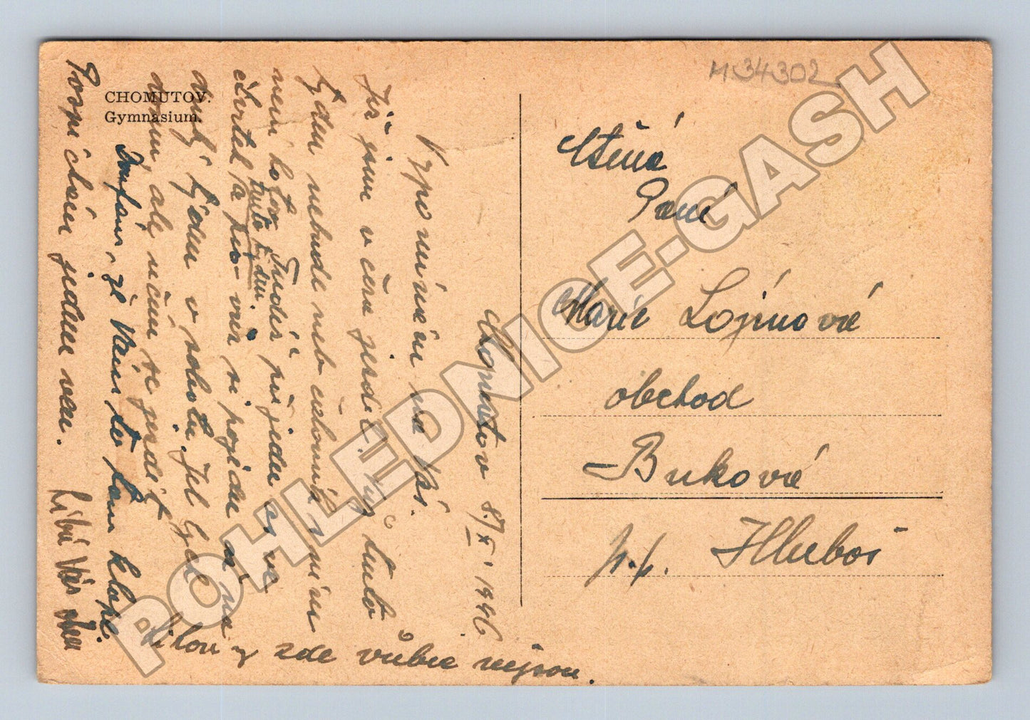 Pohlednice Chomutov Gymnázium 1946 (M34302)