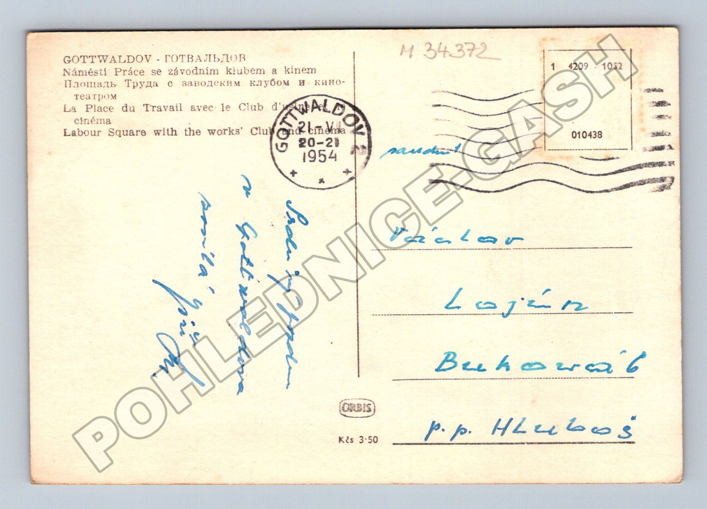Pohlednice Gottwaldov Náměstí Práce kino Jiskra 1954 (M34372)